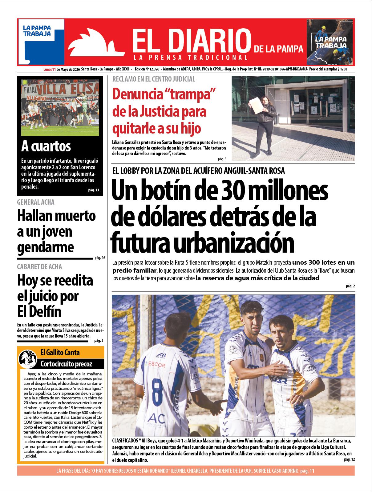 Tapa de El Diario en papel  lunes 11 de mayo de 2026